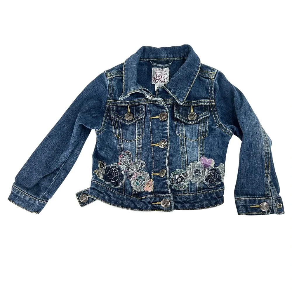 Toddler Embroidered Denim Jacket 24M Floral Butterfly Y2K Coquette Cottagecore